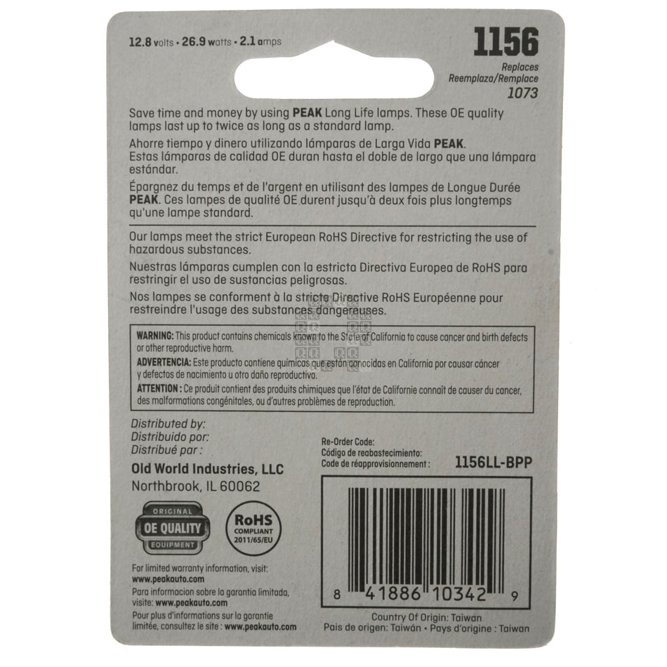 Peak Lighting 1156LL-BPP 1156 Long Life Miniature Incandescent Lamps Bulbs, 12.8VDC