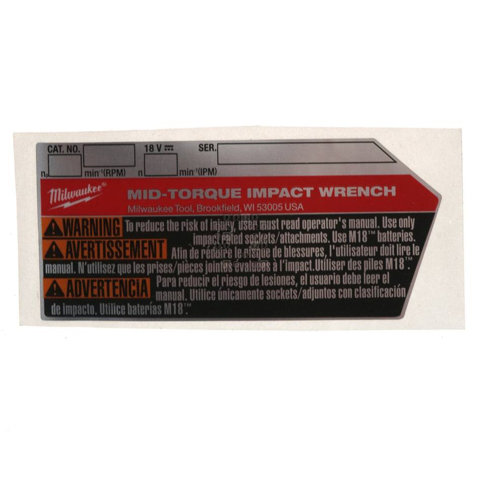 Milwaukee Tool 12-20-9100 Service Nameplate