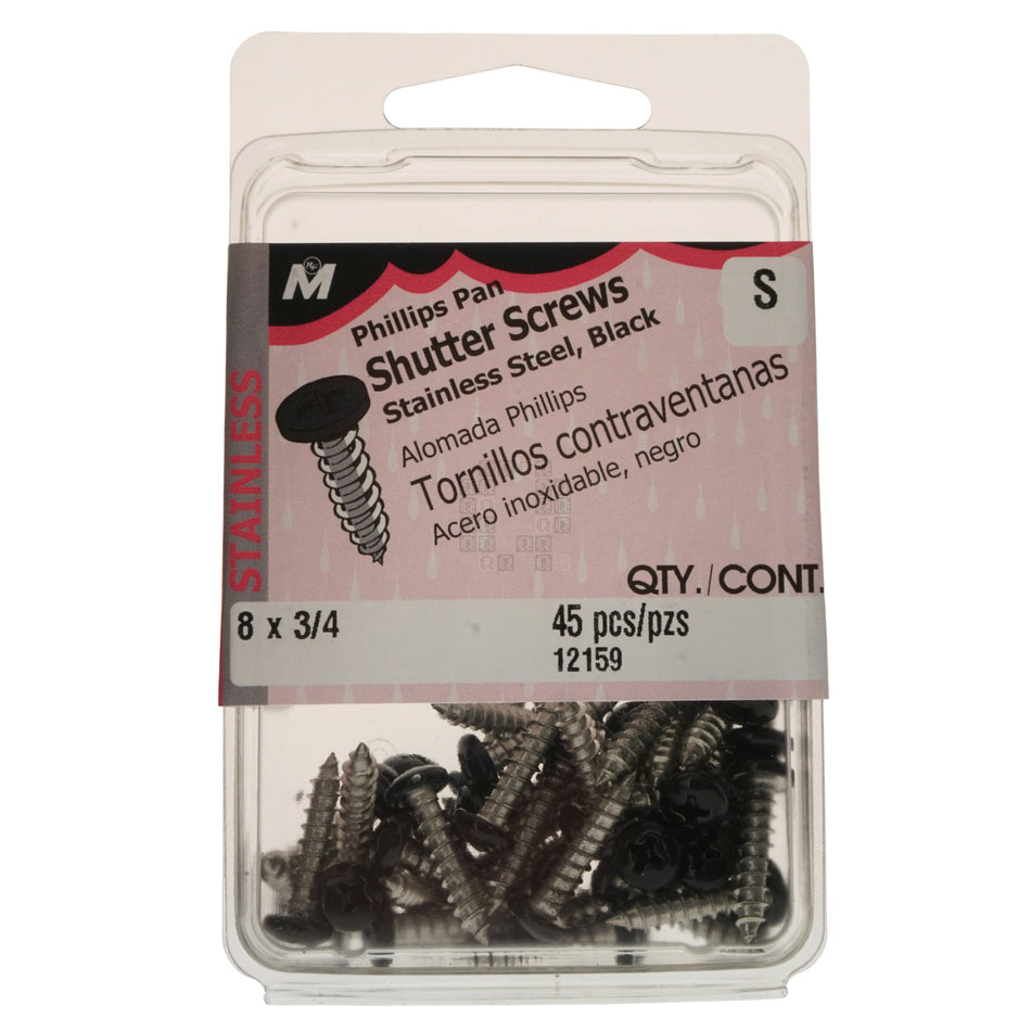 Midwest 12159 #8 x 3/4" Stainless Steel Phillips Pan Head Shutter Screws, Black Head, 45-Pieces