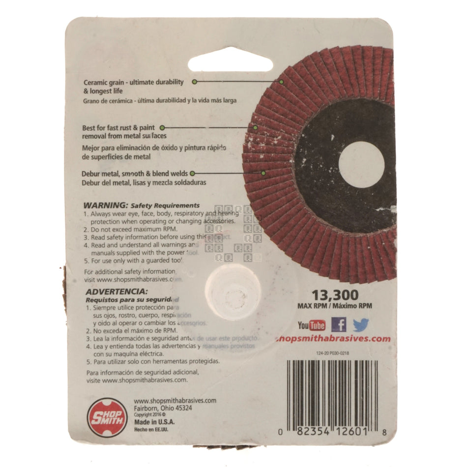 ShopSmith 12601 4-1/2" Ceramic Flap Disc, 60 Grit, 7/8" Arbor
