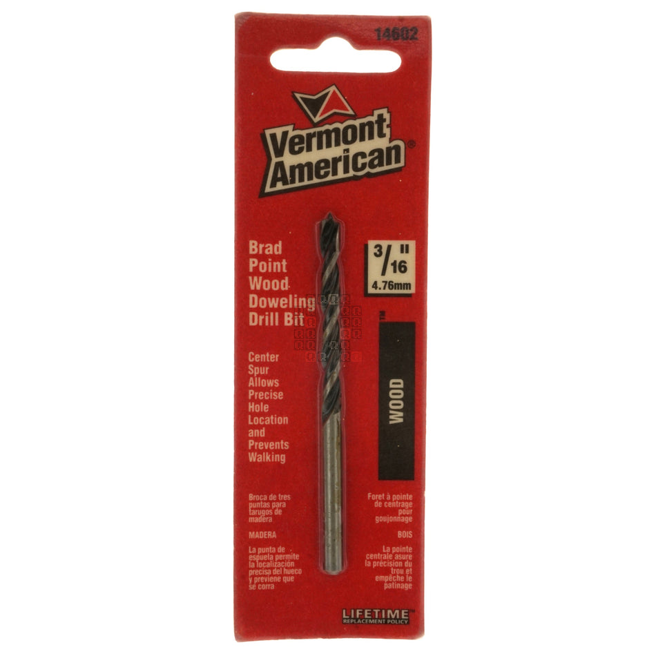 Vermont American 14602 Brad Point Wood Doweling Drill Bit, 3/16" Diameter