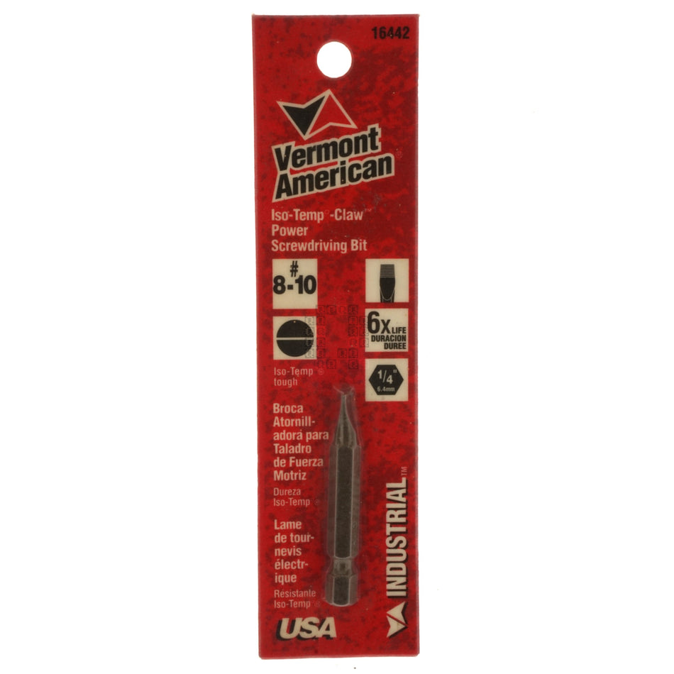 Vermont American 16442 Iso-Temp Claw Power #8-10 Slotted Screwdriving Bit, 2" Length