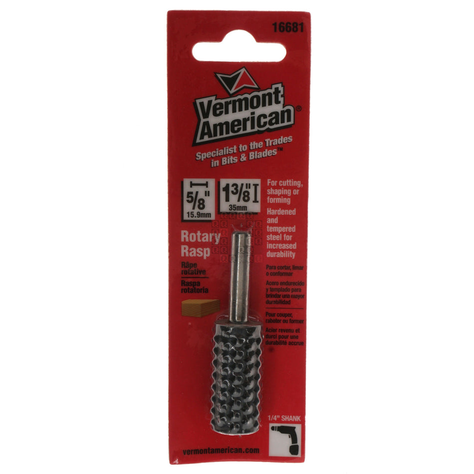 Vermont American 16681 5/8" x 1-3/8" Cylindrical Rotary Rasp, 1/4" Shank