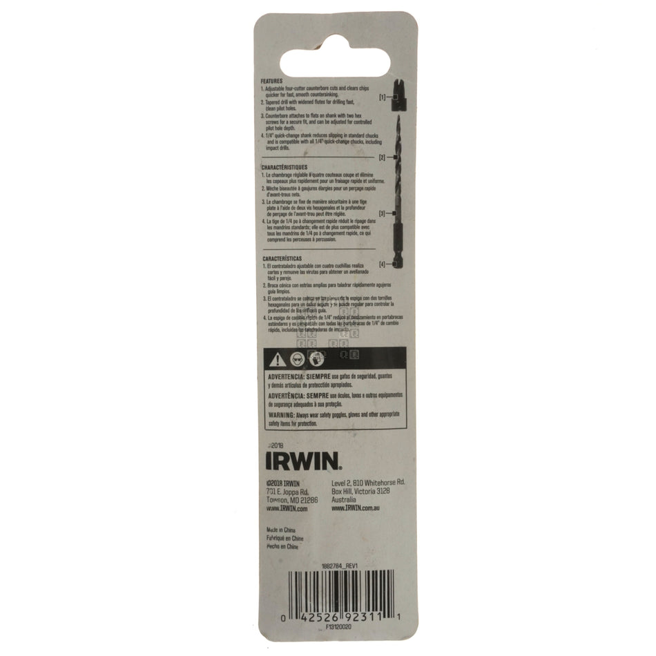 Irwin 1882784 #12 Countersink Drill Bit, 1/4" Hex Quick Connect Shank