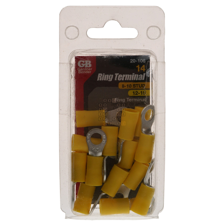 Gardner Bender 20-106 Ring Terminal, 12 to 10 AWG, #8 to 10 Stud, Yellow, 14-Pack