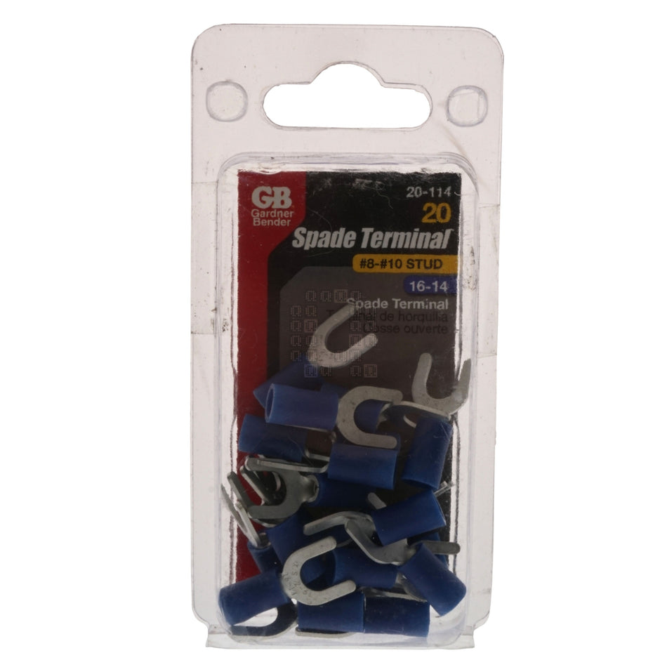 Gardner Bender 20-114 Ring Terminal, 16 to 14 AWG, #8 to 10 Spade, Blue, 20-Pack
