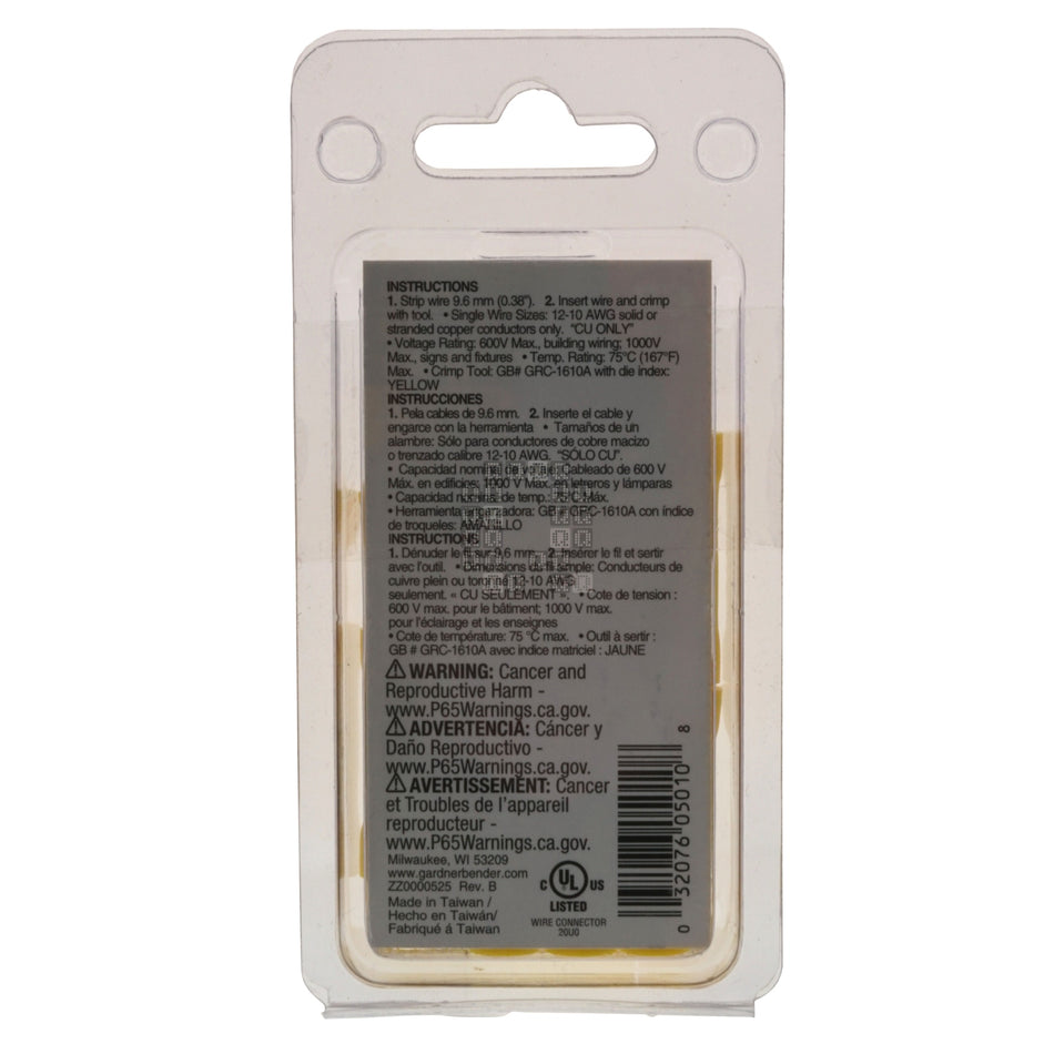 Gardner Bender GB 20-126 #12 - 10 AWG Butt Splice Connector, 600V, Yellow, 15-Pack