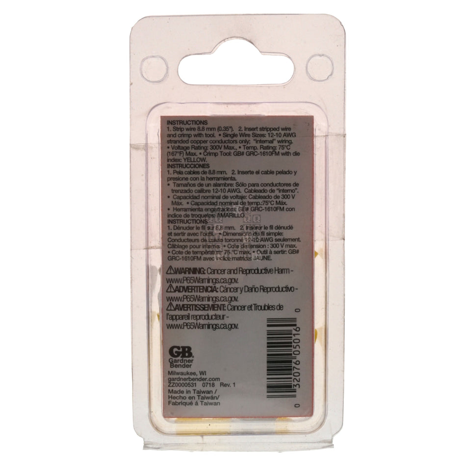 Gardner Bender 20-145 1/4" Spade Terminal, 12 to 10 AWG, Yellow, 16-Pack