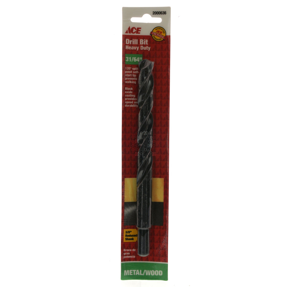 ACE Hardware 2000636 31/64" Heavy Duty Black Oxide Drill Bit, 135ÃÂ° Split Point, 3/8" Reduced Shank