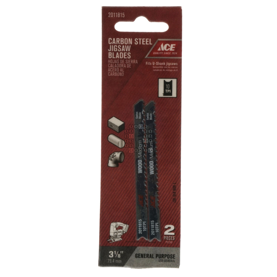 ACE Hardware 2011815 U-Shank Carbon Steel Jigsaw Blades, 10TPI, 3-1/8" Length, General Purpose