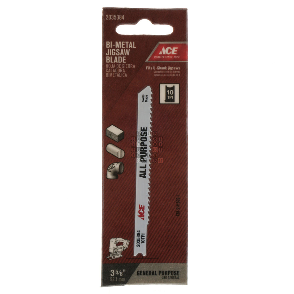 ACE Hardware 2035384 Bi-Metal Jigsaw Blade, 10TPI 3-5/8" Length, U-Shank, General Purpose