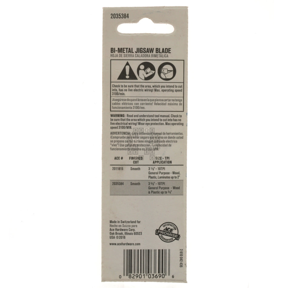 ACE Hardware 2035384 Bi-Metal Jigsaw Blade, 10TPI 3-5/8" Length, U-Shank, General Purpose