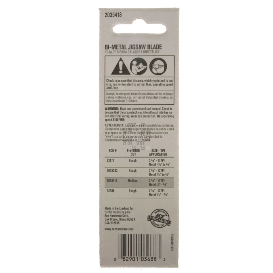 ACE Hardware 2035418 Bi-Metal Jigsaw Blade, 17TPI 2-3/4" Length, U-Shank, 1/8" to 3/4" Metal