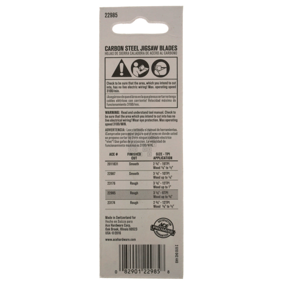 ACE Hardware 22985 U-Shank Carbon Steel Jigsaw Blades, 6TPI, 3-1/8" Length
