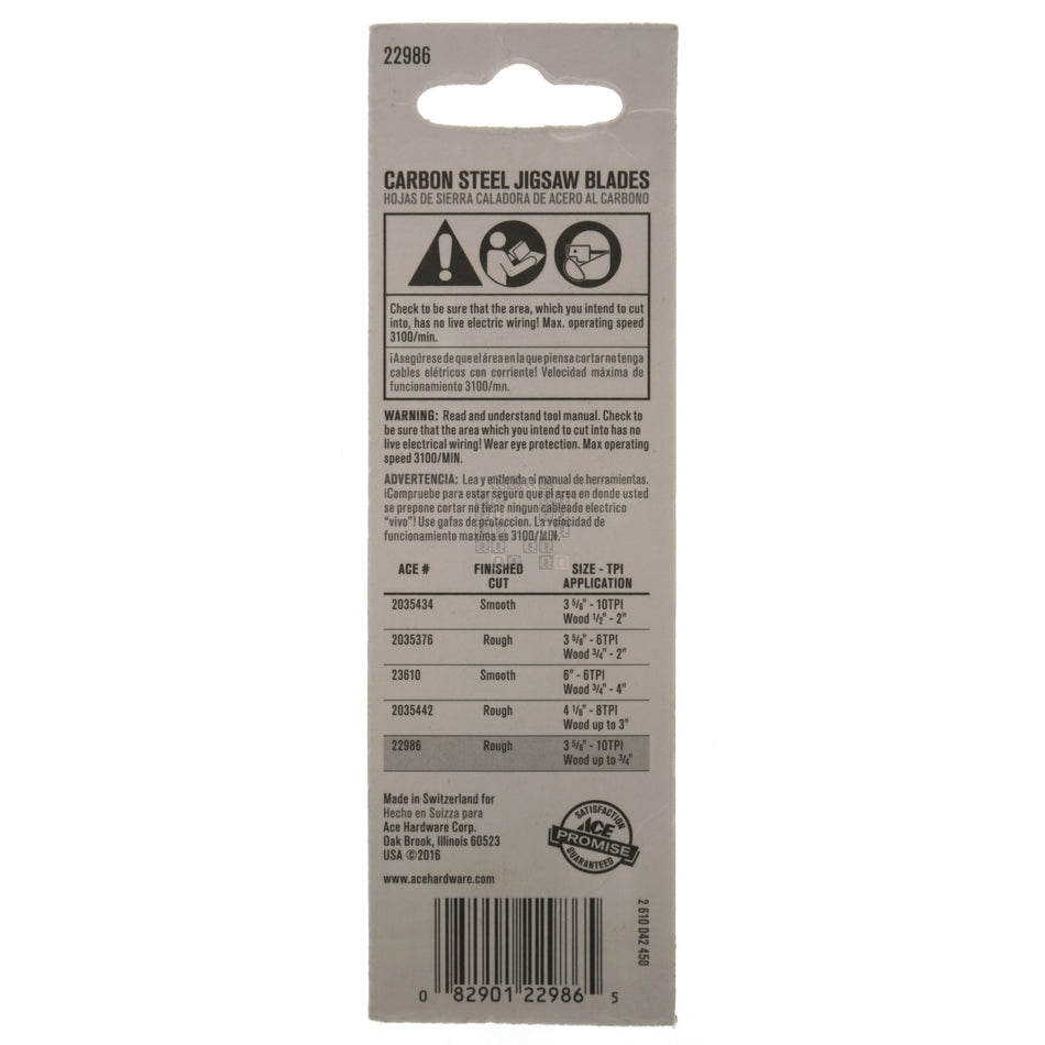 ACE Hardware 22986 Carbon Steel Jigsaw Blades, 10TPI, 3-5/8" Length, U-Shank