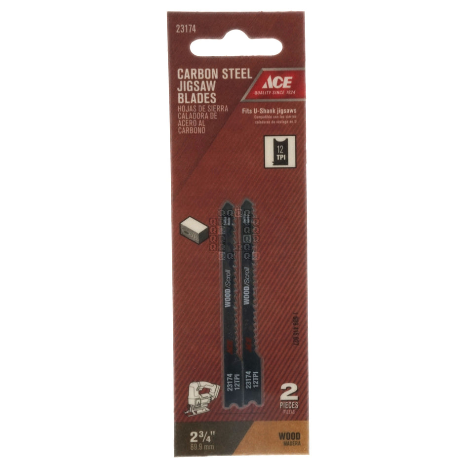 ACE Hardware 23174 U-Shank Carbon Steel Jigsaw Blades, 12TPI, 2-3/4" Length
