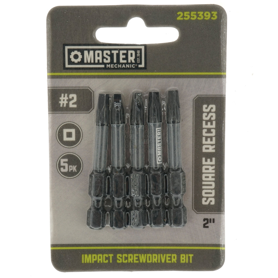 Master Mechanic 255393 #2 Square Recess Impact Screwdriver Bit, 2" Length, 5-Pack