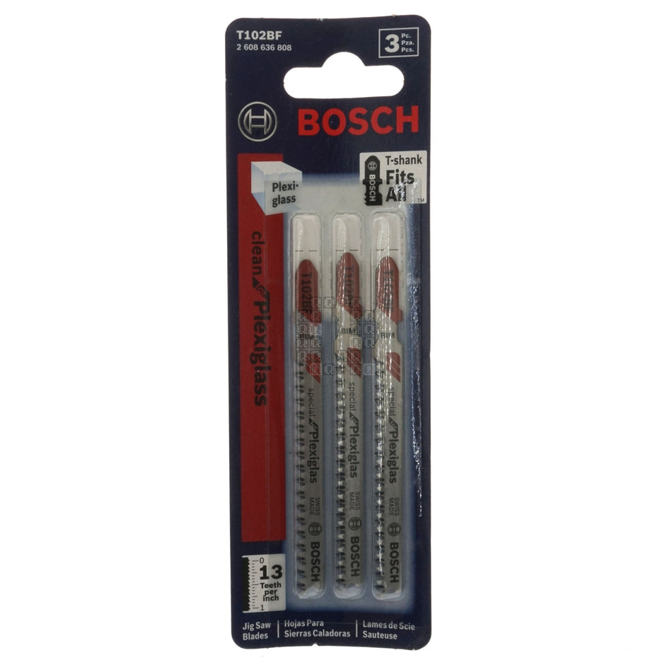 Bosch 2608636808 T102BF T-Shank HCS Plexiglass Jig Saw Blades, 13TPI, 3-5/8" Length, 3-Pack