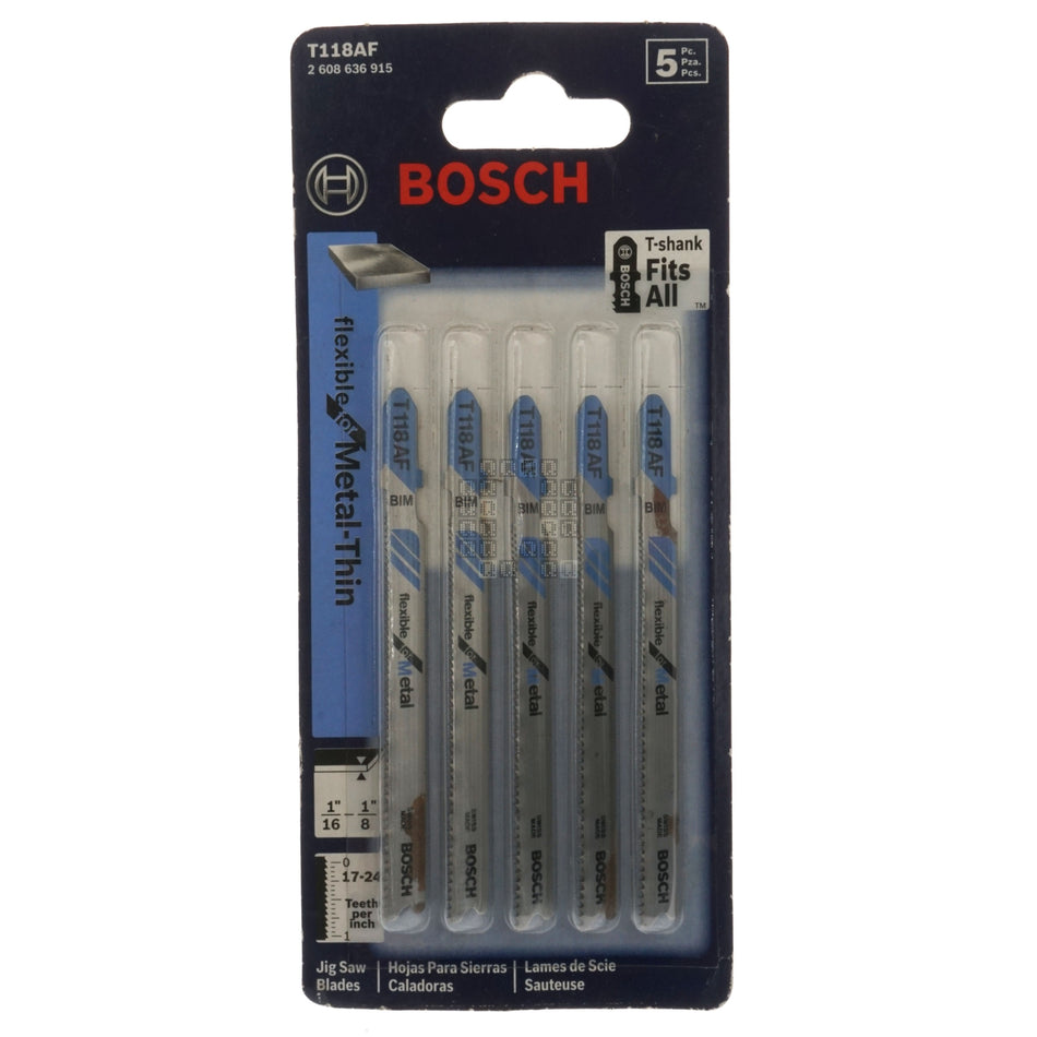 Bosch 2608636915 T118AF T-Shank Bi-Metal Jig Saw Blades, 17-24TPI, 3-5/8" Length, 5-Pack