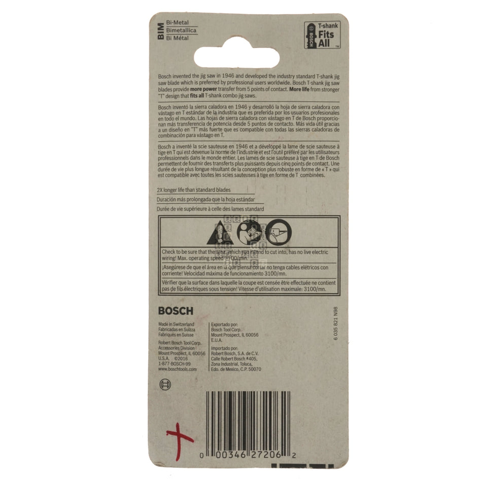 Bosch 2608636915 T118AF T-Shank Bi-Metal Jig Saw Blades, 17-24TPI, 3-5/8" Length, 5-Pack