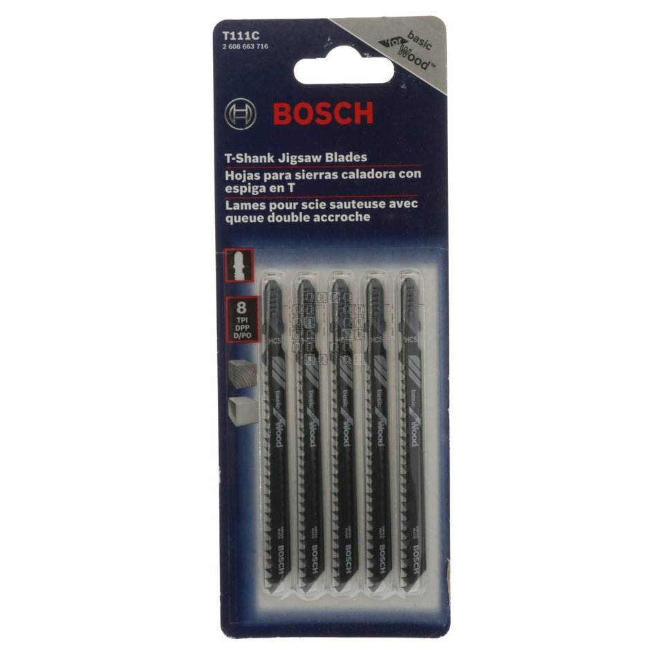 Bosch 2608663716 T111C T-Shank HCS Jig Saw Blades, 8TPI, 4" Length, 5-Pack