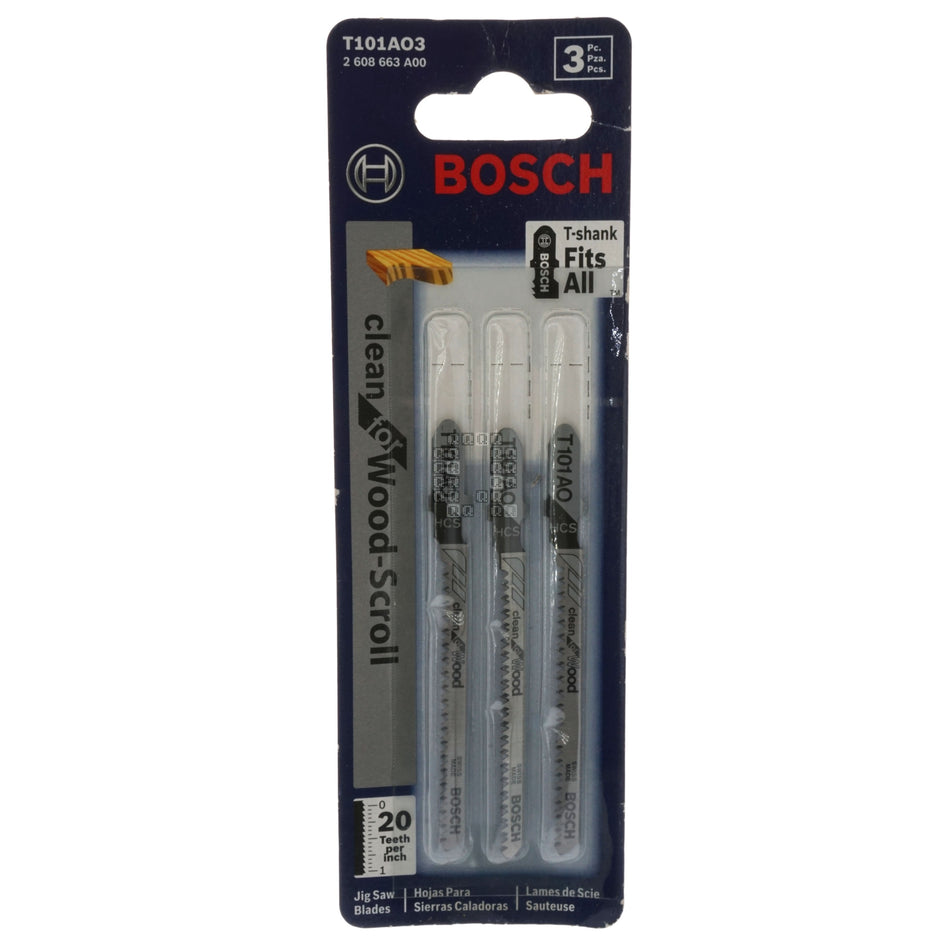 BOSCH 2608663A00 T101AO3 HCS 3-Piece T-Shank Clean Wood 20TPI Jig Saw Blade Set