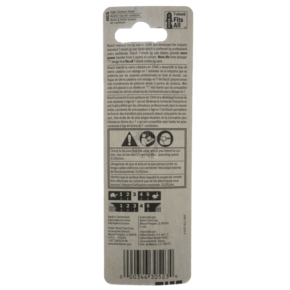 BOSCH 2608663A01 T101B3 HCS 3-Piece T-Shank 10TPI Clean Wood Jig Saw Blade Set, 4" Length