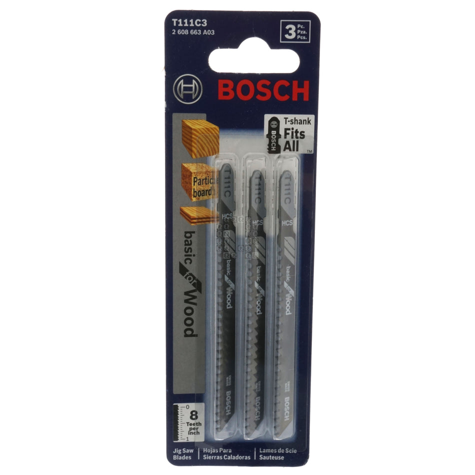 BOSCH 2608663A03 T111C3 HCS 3-Piece T-Shank 8TPI Basic Wood Jig Saw Blade Set, 4" Length
