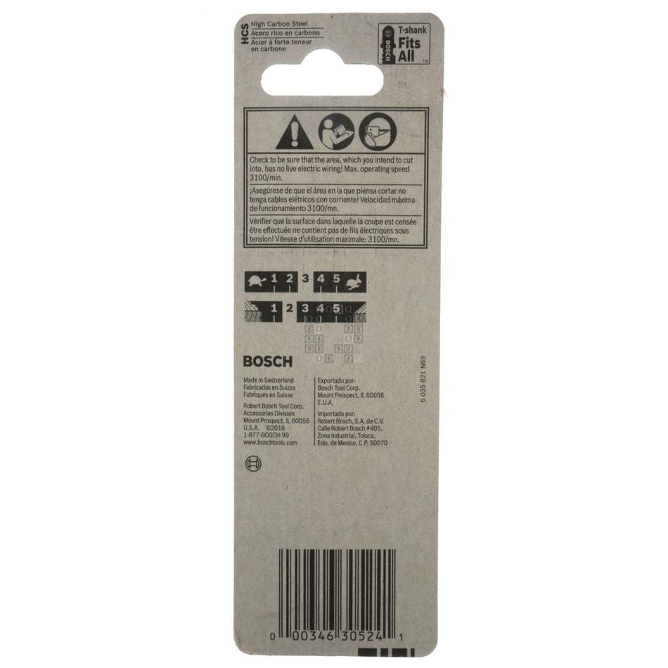 BOSCH 2608663A03 T111C3 HCS 3-Piece T-Shank 8TPI Basic Wood Jig Saw Blade Set, 4" Length