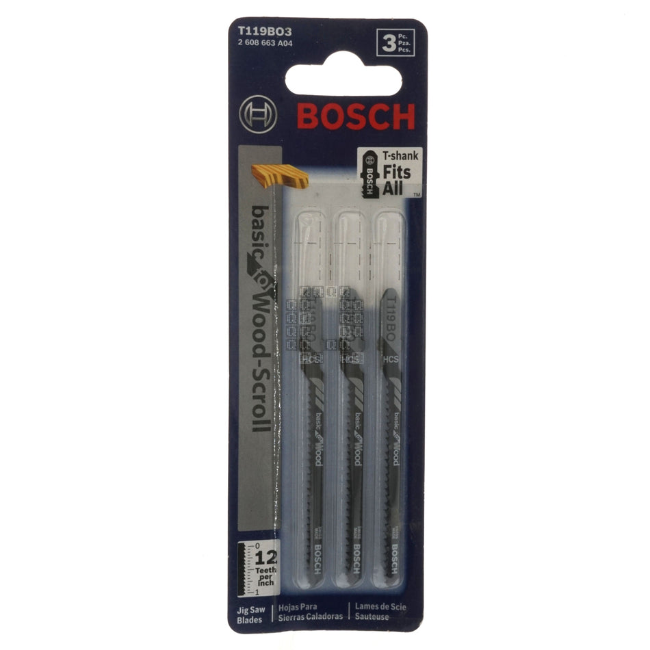 BOSCH 2608663A04 T119B03 HCS 3-Piece T-Shank 12TPI Basic Wood-Scroll Jig Saw Blade Set