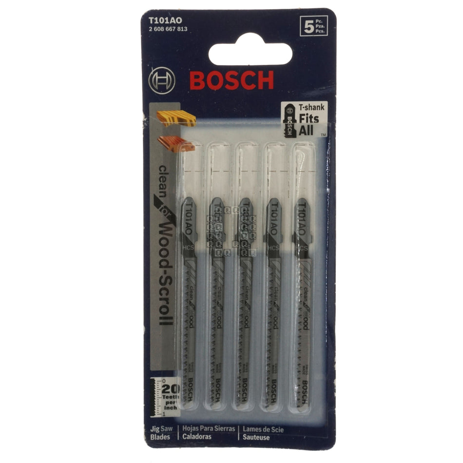 Bosch 2608667813 T101AO T-Shank HCS Jig Saw Blades, 20TPI, 3-1/4" Length, 5-Pack