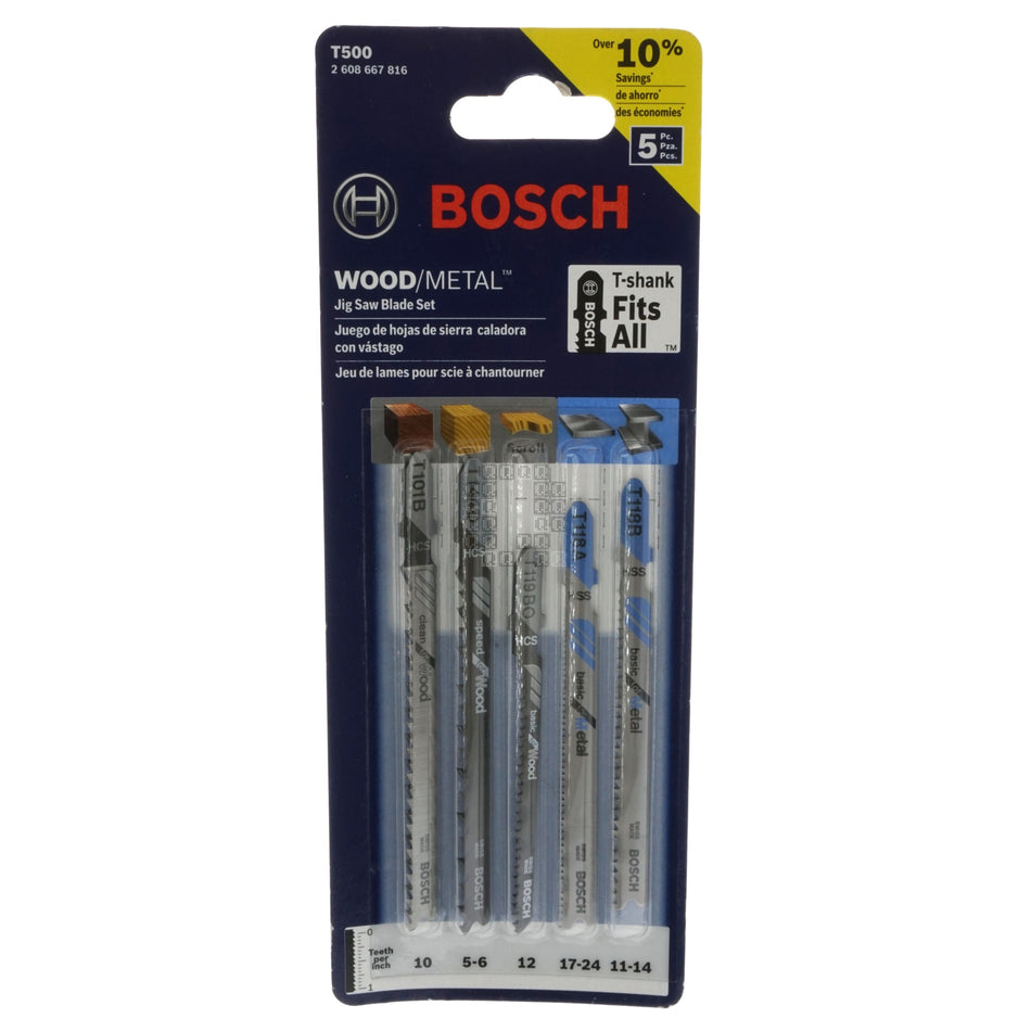 BOSCH 2608667816 T500 Bi-Metal 5-Piece T-Shank Jig Saw Blade Set