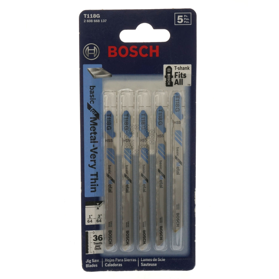 Bosch 2608668137 T118G T-Shank HSS Jig Saw Blades, 36TPI, 3-5/8" Length, 5-Pack