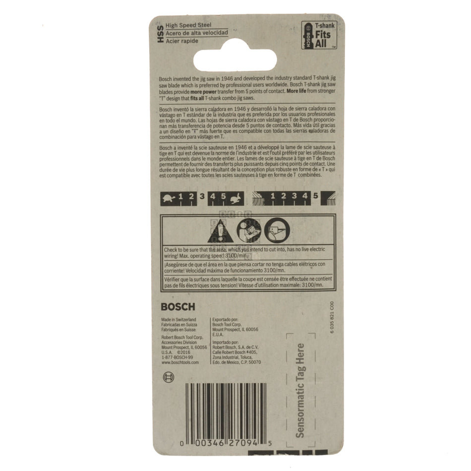 Bosch 2608668137 T118G T-Shank HSS Jig Saw Blades, 36TPI, 3-5/8" Length, 5-Pack