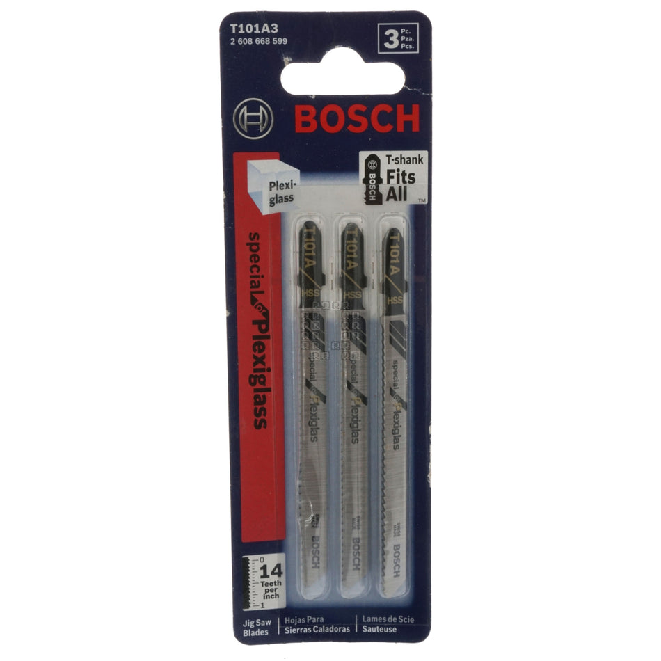 BOSCH 2608668599 T101A3 HSS 3-Piece T-Shank 14TPI Plexiglass Jig Saw Blade Set, 4" Length
