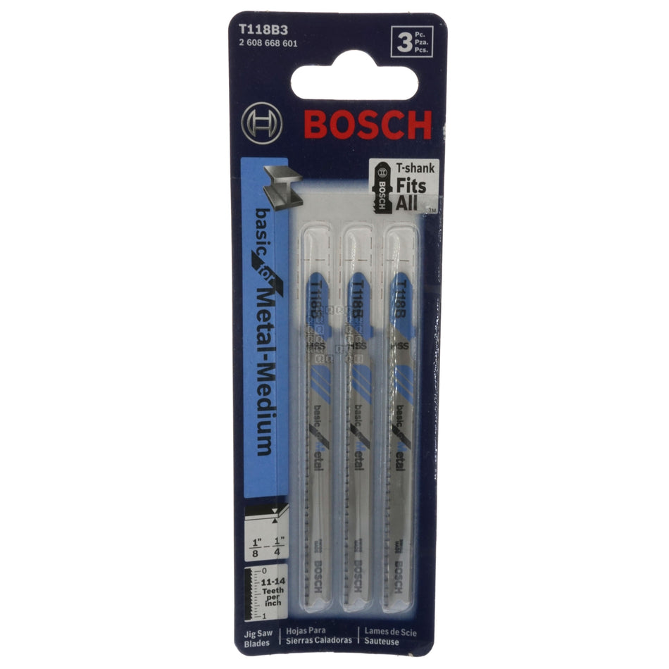 BOSCH 2608668601 T118B3 HSS 3-Piece T-Shank 11-14TPI Jig Saw Blade Set, Basic Metal