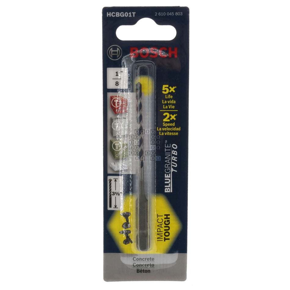 Bosch 2610045803 HCBG01T 1/8" x 3" Blue Granite Turbo Concrete Carbide Hammer Drill Bit, 1/4" Hex Drive