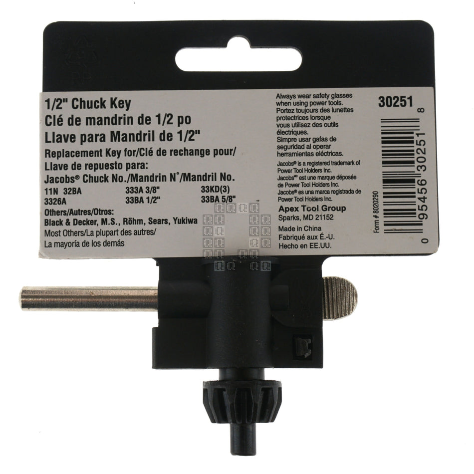 Jacobs 30251 1/2" (13mm) Chuck Key, 1/4" Pilot