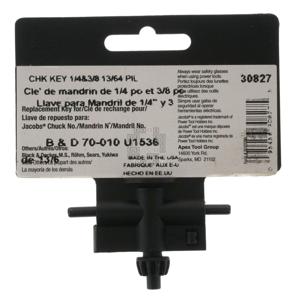 Jacobs 30827 1/4" & 3/8" (6.5mm & 10mm) Jacobs Chuck Key, 13/64" Pilot