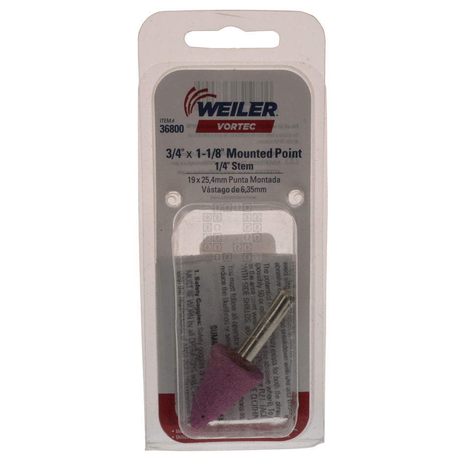 Weiler 36800 3/4" x 1-1/8" Mounted Point A5 Abrasive Wheel, 1/4" Straight Stem