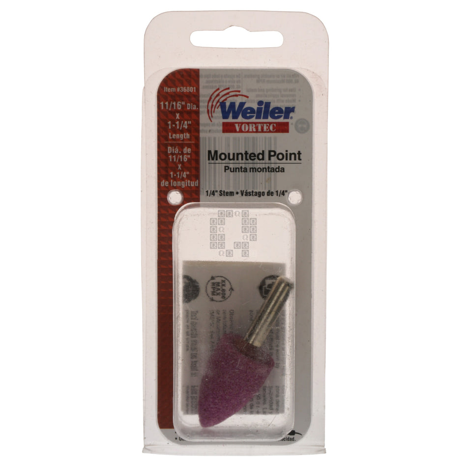Weiler 36801 11/16" x 1-1/4" Rounded Mounted Point Abrasive Wheel, 1/4" Straight Stem