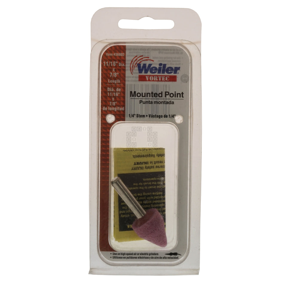 Weiler 36802 11/16" Diameter x 7/8" Length A14 Mounted Point Abrasive Wheel, 1/4" Straight Stem