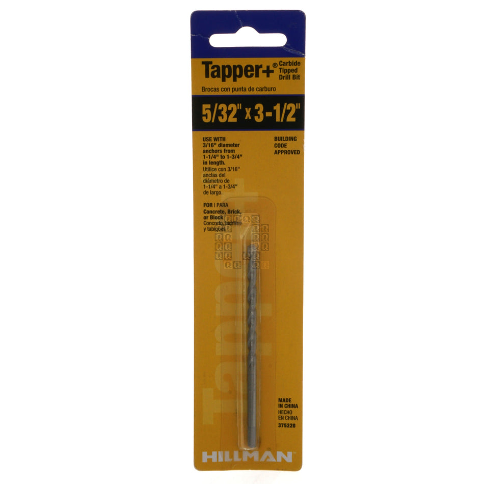 Hillman 375220 Tapper+ Carbide Tipped Concrete Drill Bit, 5/32" x 3-1/2"