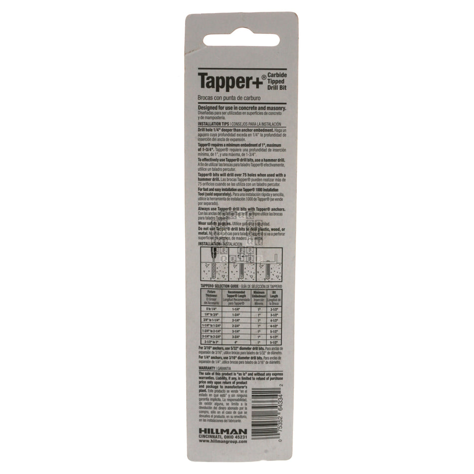 Hillman 375220 Tapper+ Carbide Tipped Concrete Drill Bit, 5/32" x 3-1/2"