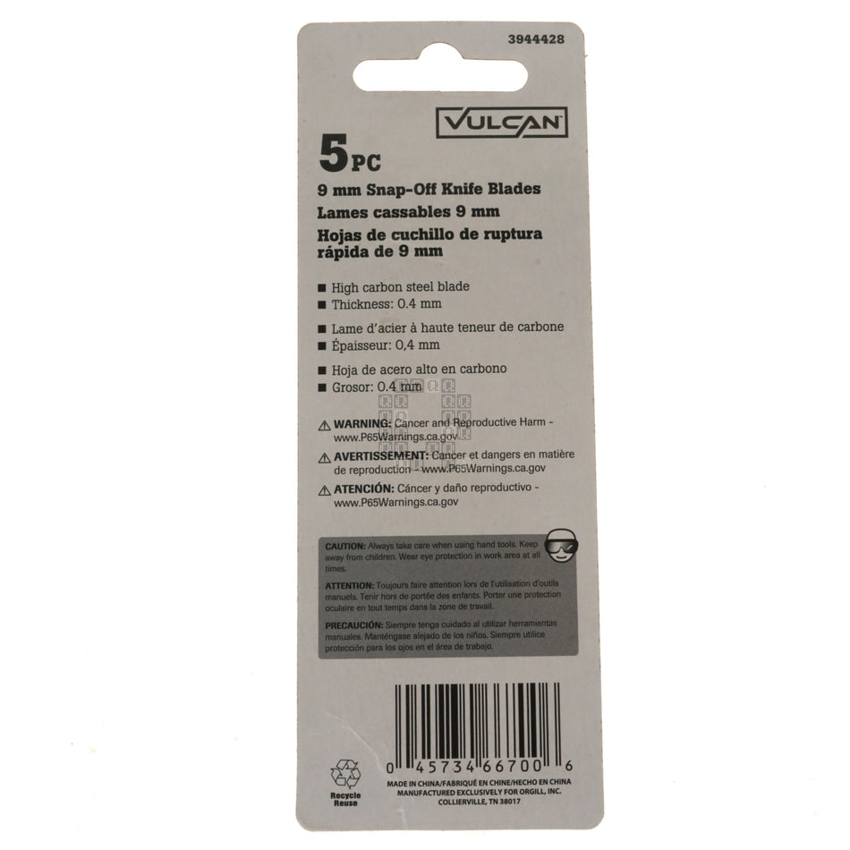 Vulcan 3944428 9mm Snap-Off Knife Blades, 5-Pack, 0.4mm Thickness