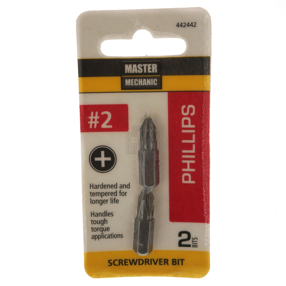 Master Mechanic 442442 #2Phillips PH2 Screwdriver Bit, 1" Length, 2-Pack