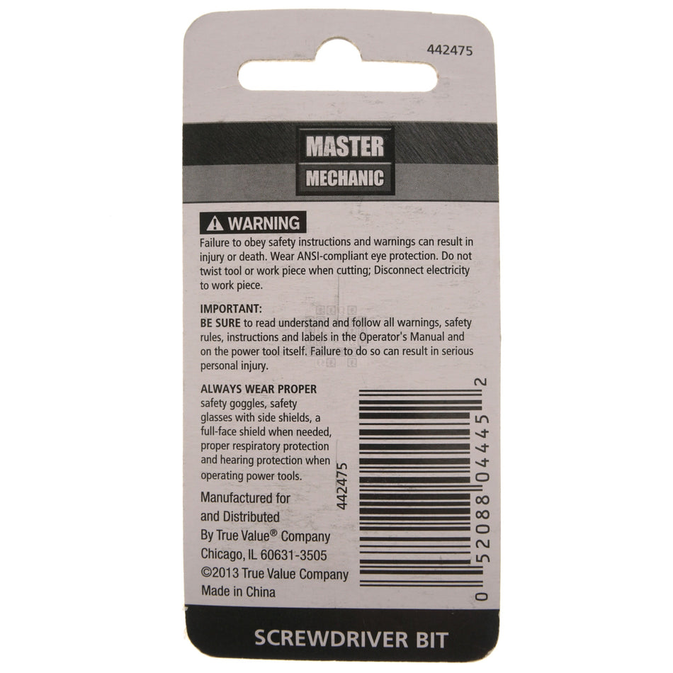 Master Mechanic 442475 #8-10 Slotted Screwdriver Bit, 1" Length, 2-Pack