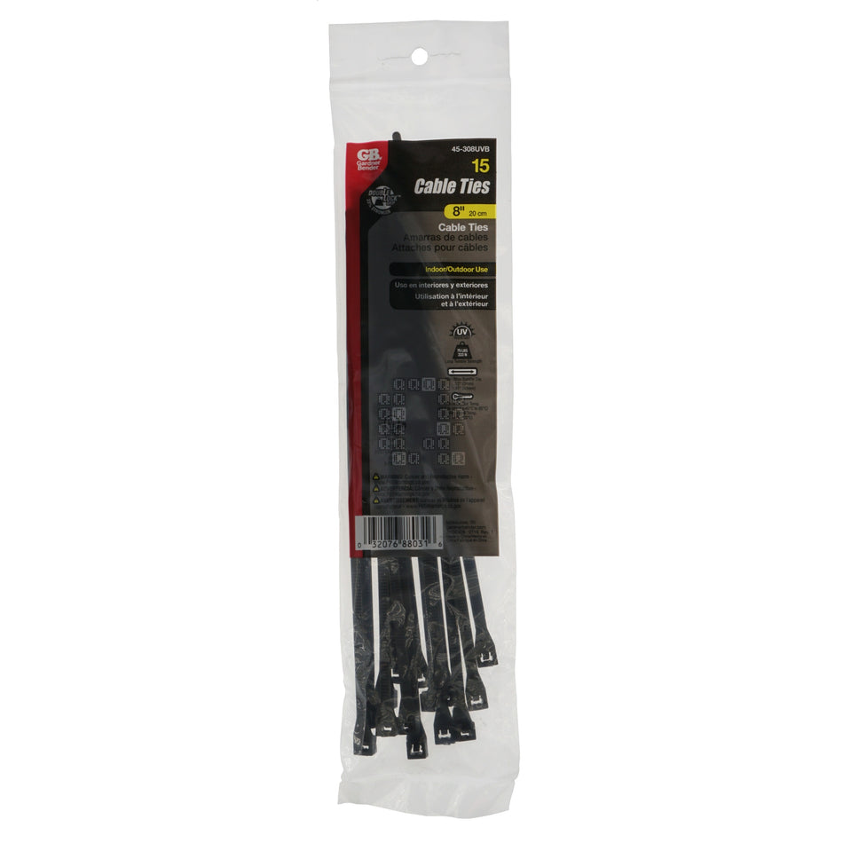 Gardner Bender 45-308UVB 8" / 20cm UV-Resistant Black Cable Ties, 15-Pack