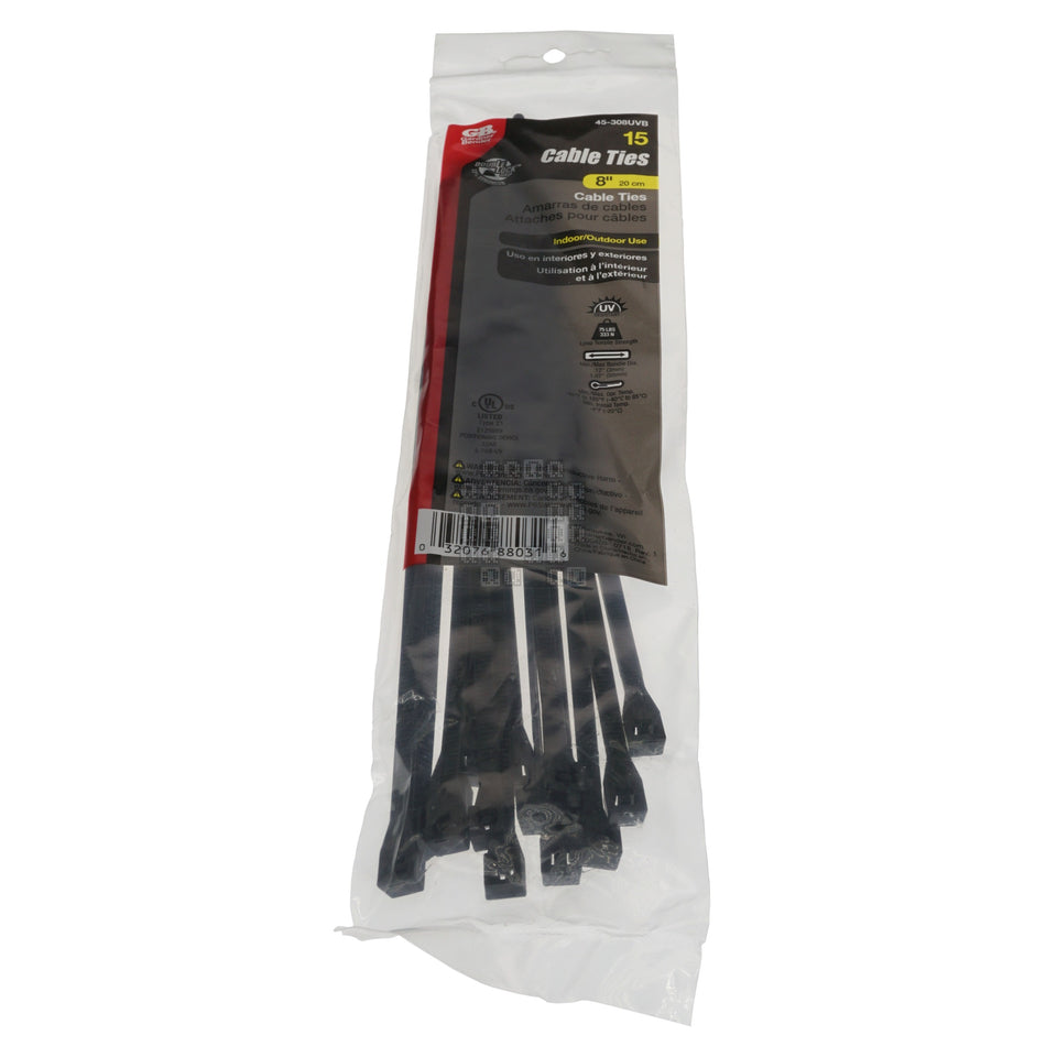 Gardner Bender 45-308UVB 8" / 20cm UV-Resistant Black Cable Ties, 15-Pack