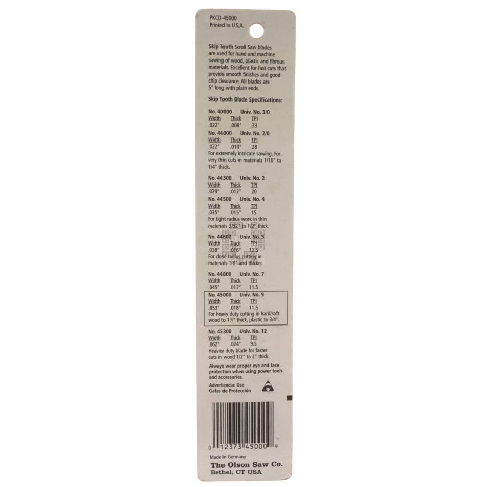 Olson 45000 No. 9 Skip Tooth Scroll Saw Blades, 11.5TPI, 5" Length, 12-Pack